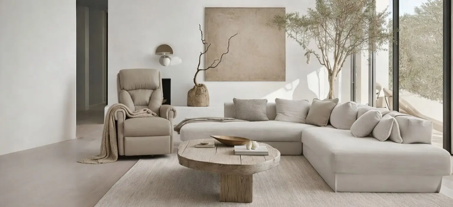 A lift recliner at home in a comfortable lounge, chosen to help with rising and resting.