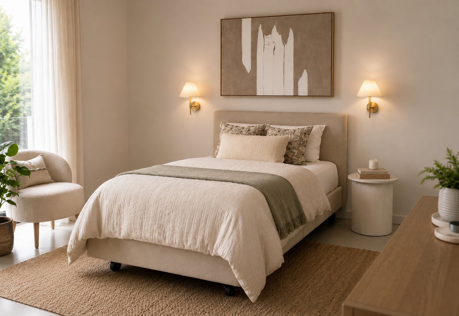 Cream upholstered adjustable bed in a homely bedroom