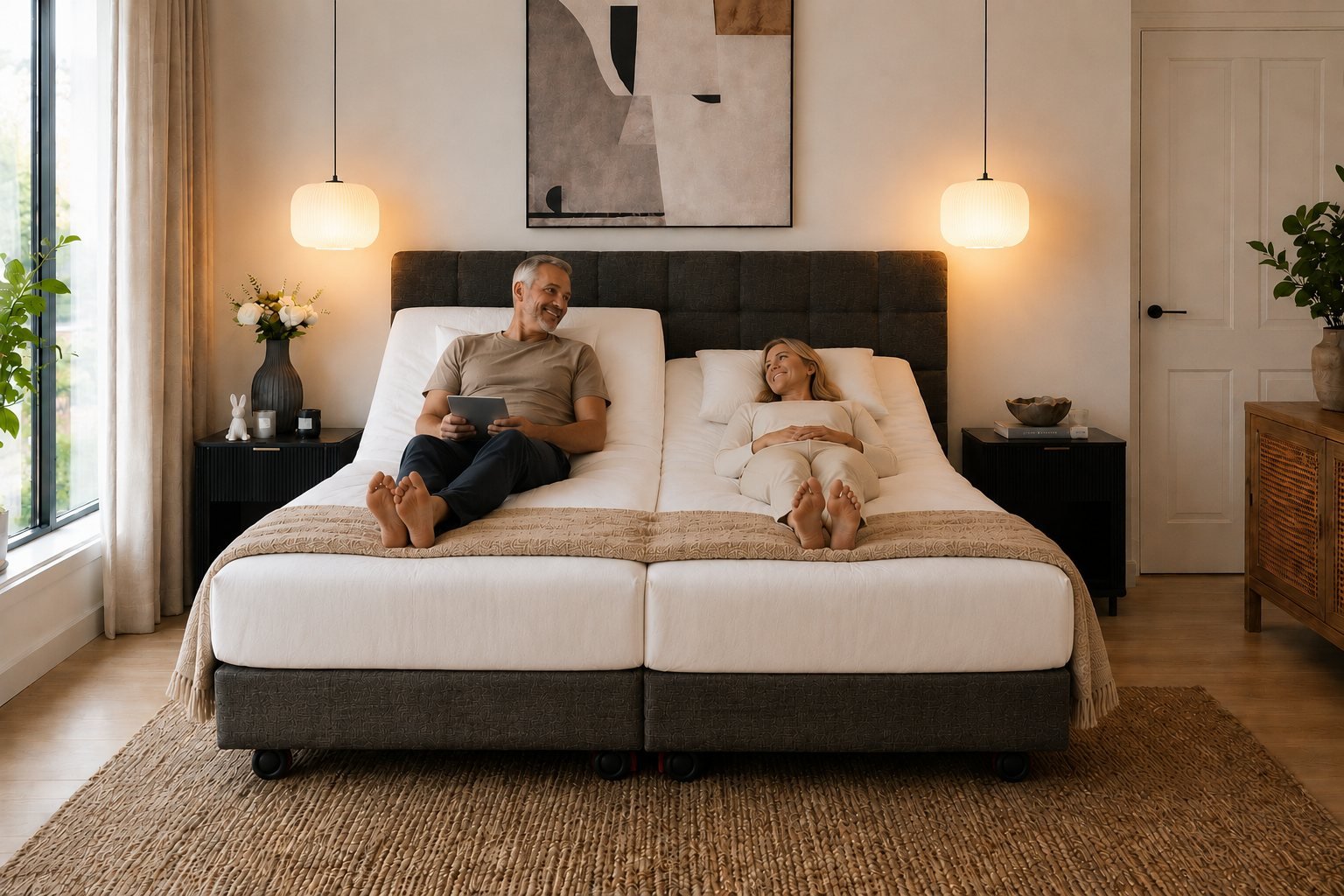 A side by side adjustable bed with the head raised on one side, showing each side adjusts independently
